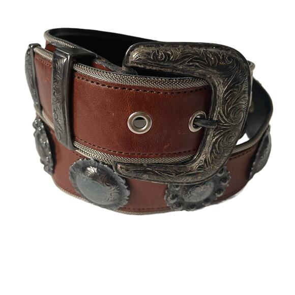Vintage 1990s Boho Leather Medallion Belt Made in USA Brown Silver EUC - Picture 14 of 14